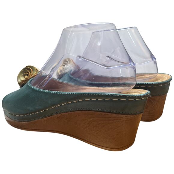 GOOD CHOICE Sydney Size 7.5 Turquoise Slip On Wedge Heel Sandals Floral Flower - Picture 3 of 14